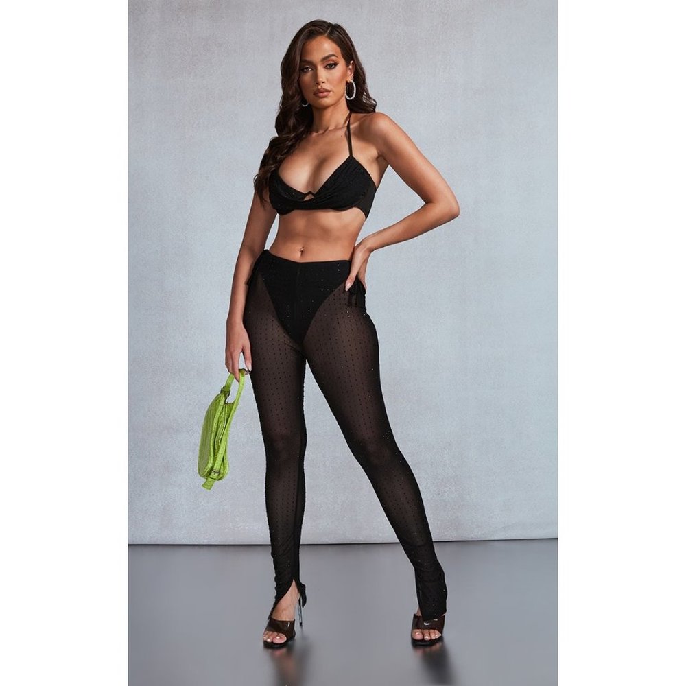Black Sheer Glitter Studded Split Hem Skinny Flared Pants   Size: 6   Colour: Bl